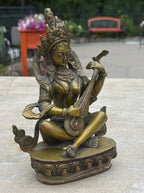 Goddess Of Music and Wisdom Yangchenma Saraswati Statue Solid Brass Antique Finish for Home Altar Shrine Meditation Room 8 Inches Tall