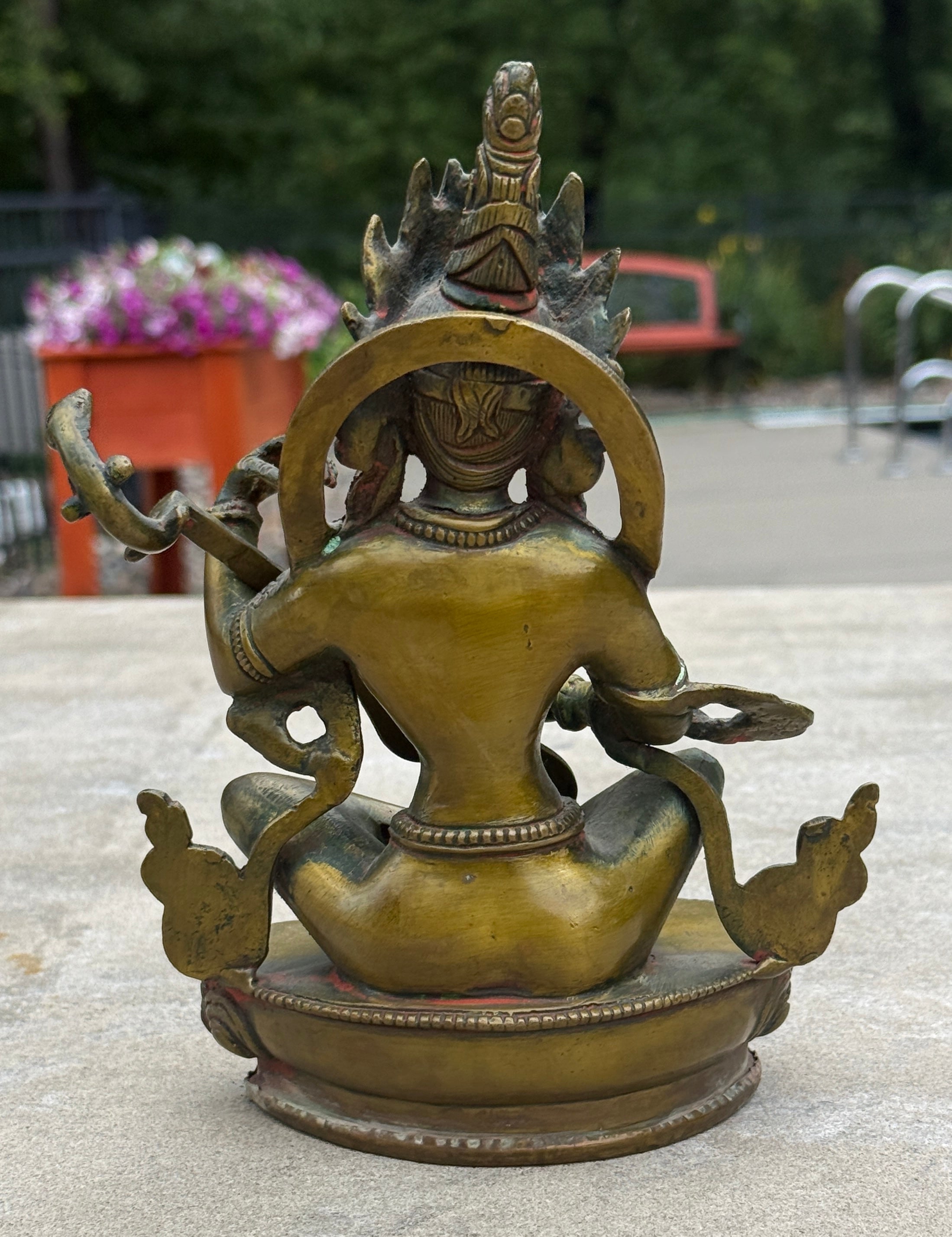 Goddess Of Music and Wisdom Yangchenma Saraswati Statue Solid Brass Antique Finish for Home Altar Shrine Meditation Room 8 Inches Tall