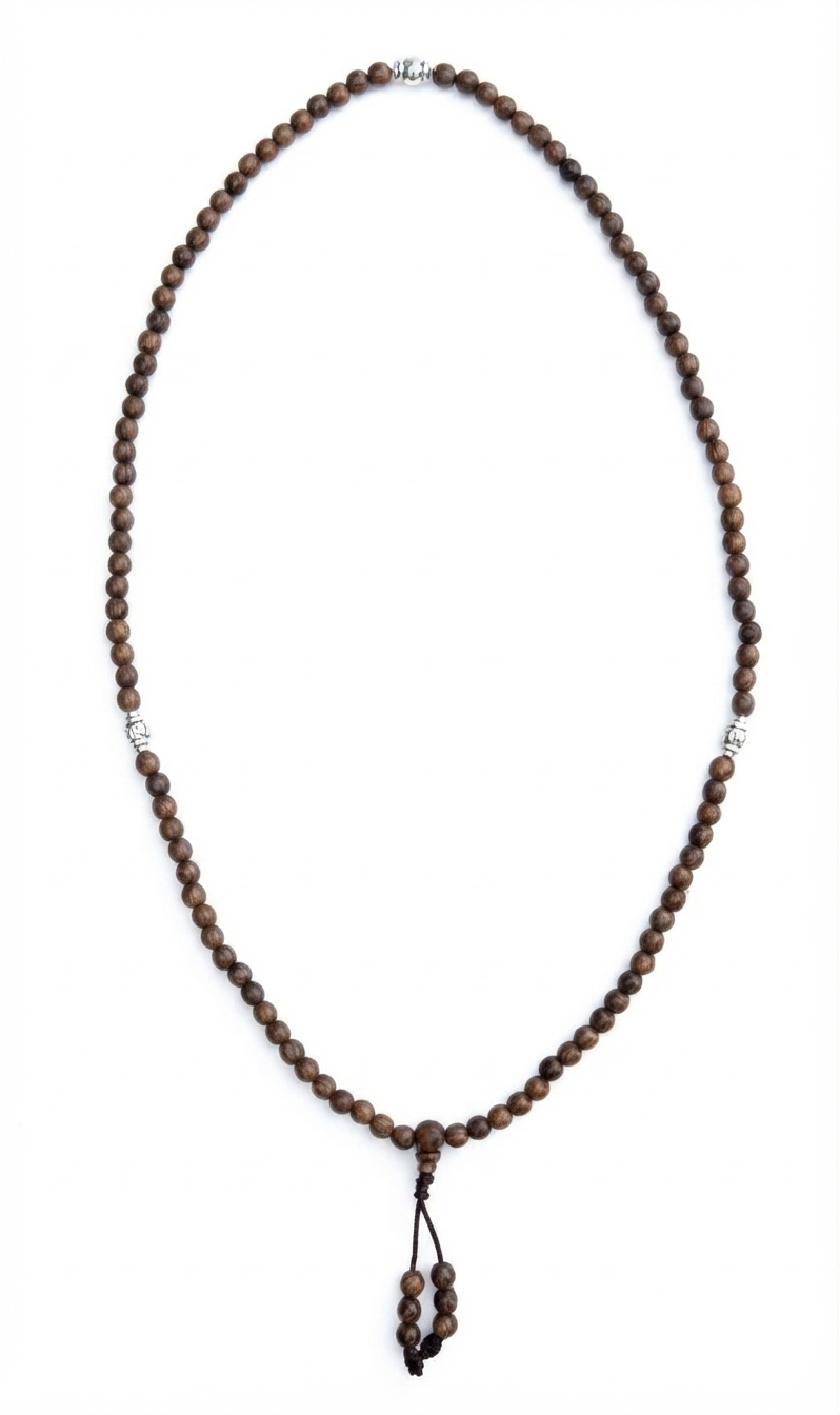 Kadam Wood Mala 108 Beads Tibetan Buddhist Prayer Necklace | 3 Silver Engraved Om Mani Padme Hum Spacers | Meditation, Compassion Mantra, Yoga & Mindfulness Mala - DharmaObjects