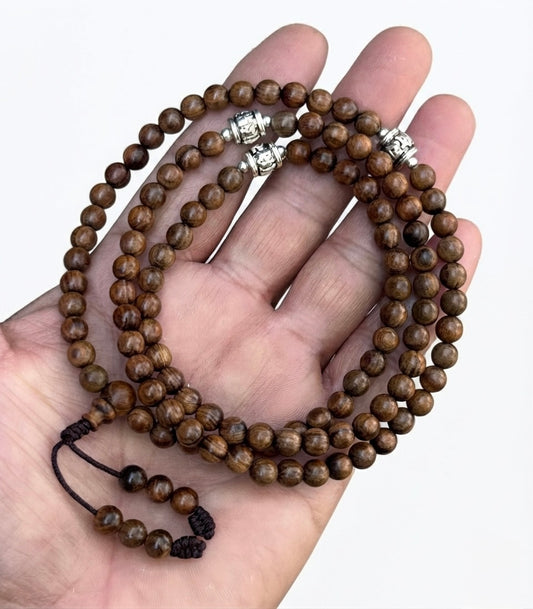 Kadam Wood Mala 108 Beads Tibetan Buddhist Prayer Necklace | 3 Silver Engraved Om Mani Padme Hum Spacers | Meditation, Compassion Mantra, Yoga & Mindfulness Mala - DharmaObjects