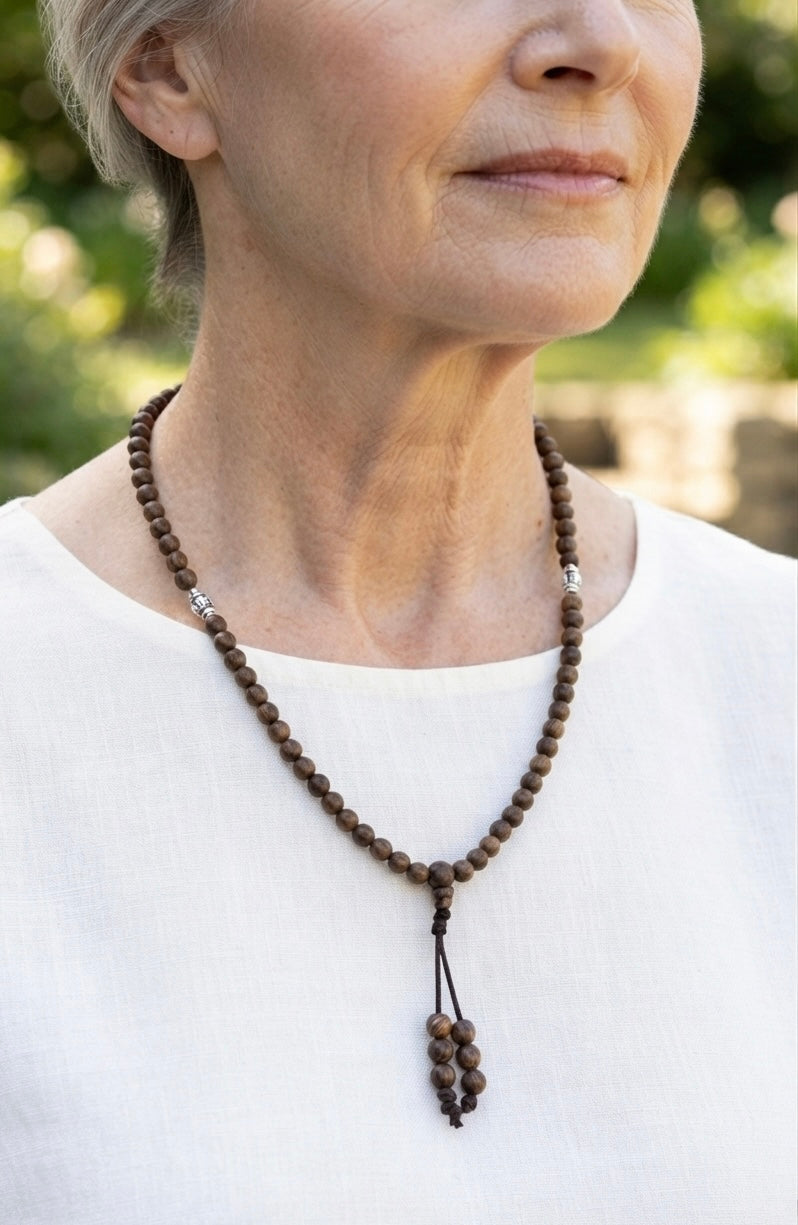 Kadam Wood Mala 108 Beads Tibetan Buddhist Prayer Necklace | 3 Silver Engraved Om Mani Padme Hum Spacers | Meditation, Compassion Mantra, Yoga & Mindfulness Mala - DharmaObjects