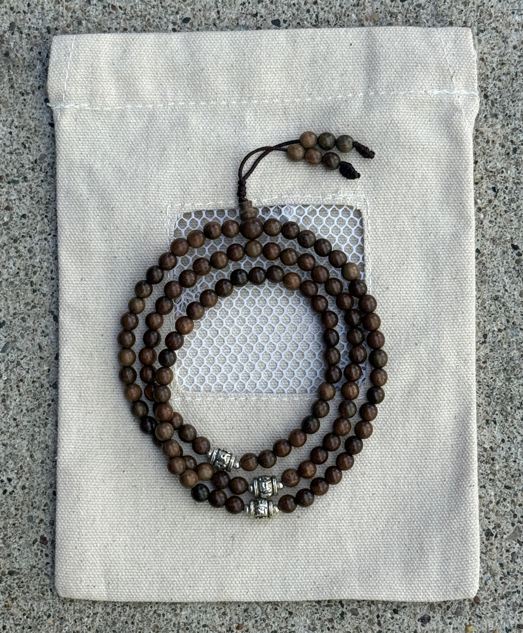Kadam Wood Mala 108 Beads Tibetan Buddhist Prayer Necklace | 3 Silver Engraved Om Mani Padme Hum Spacers | Meditation, Compassion Mantra, Yoga & Mindfulness Mala - DharmaObjects