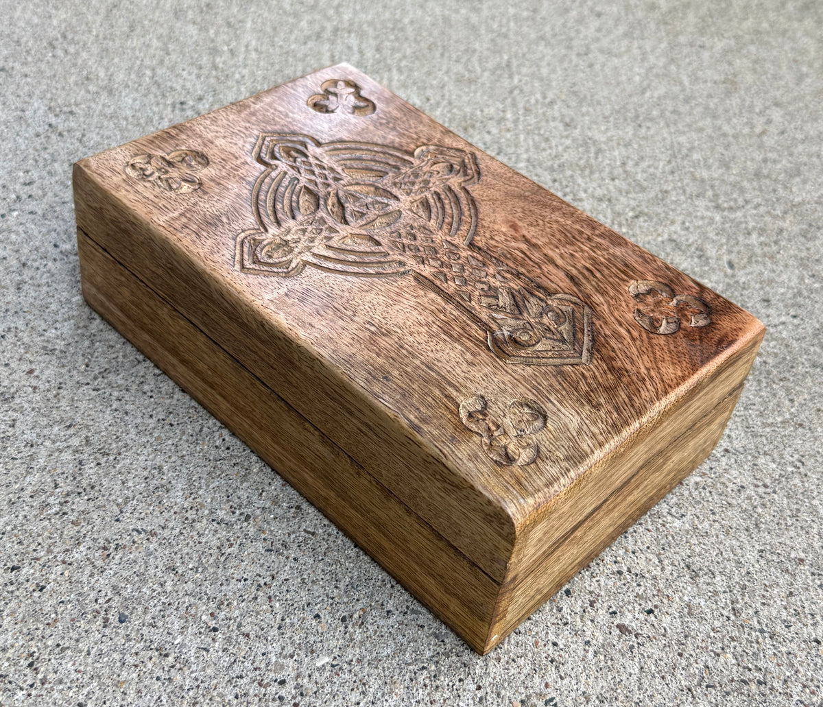 Hand Carved Celtic Cross Wooden Box Keepsake Jewelry Storage