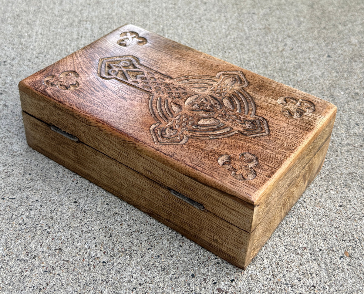Hand Carved Celtic Cross Wooden Box Keepsake Jewelry Storage