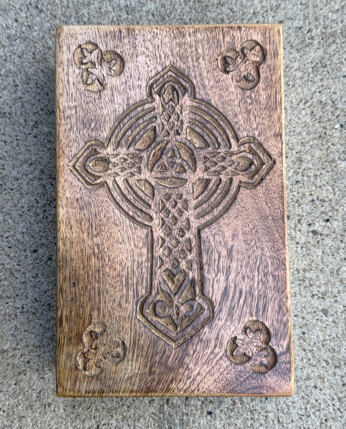 Hand Carved Celtic Cross Wooden Box Keepsake Jewelry Storage