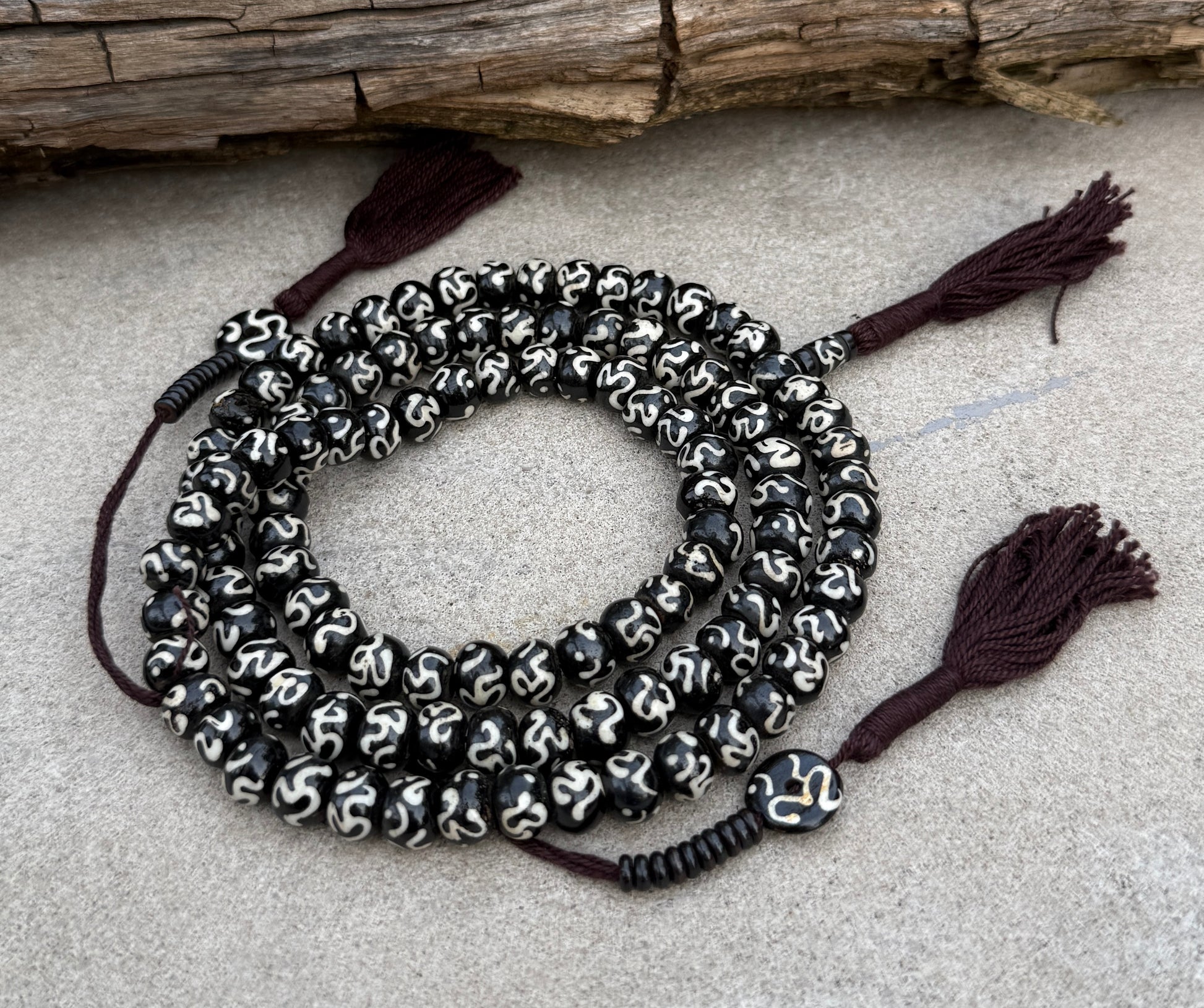 Natural Buffalo Bone Tibetan Om 108 Beads Prayer Mala - DharmaObjects