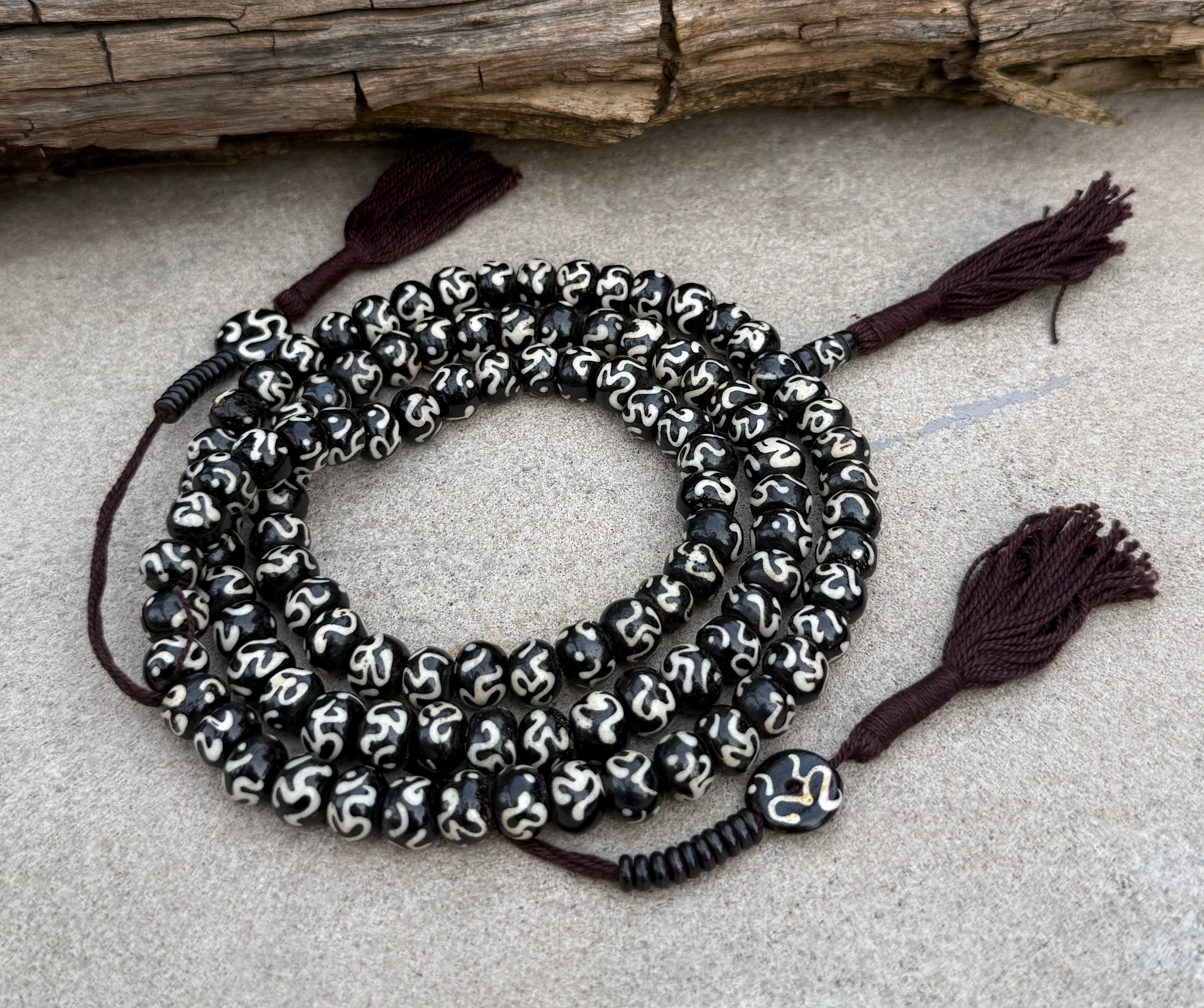 Natural Buffalo Bone Tibetan Om 108 Beads Prayer Mala - DharmaObjects