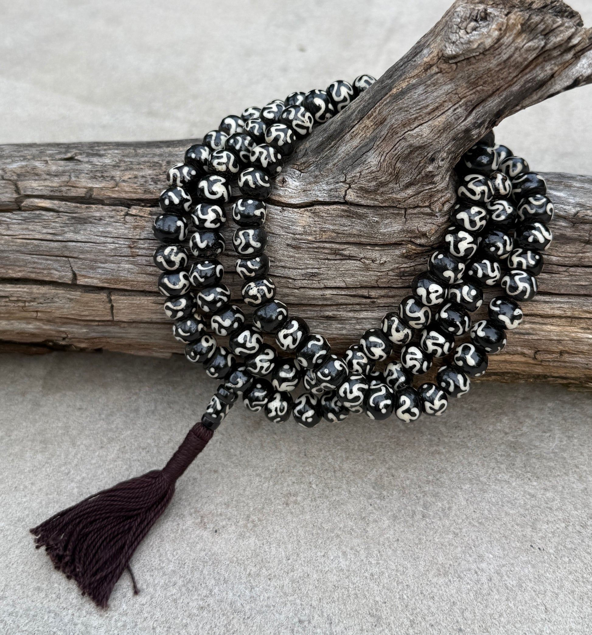 Natural Buffalo Bone Tibetan Om 108 Beads Prayer Mala - DharmaObjects
