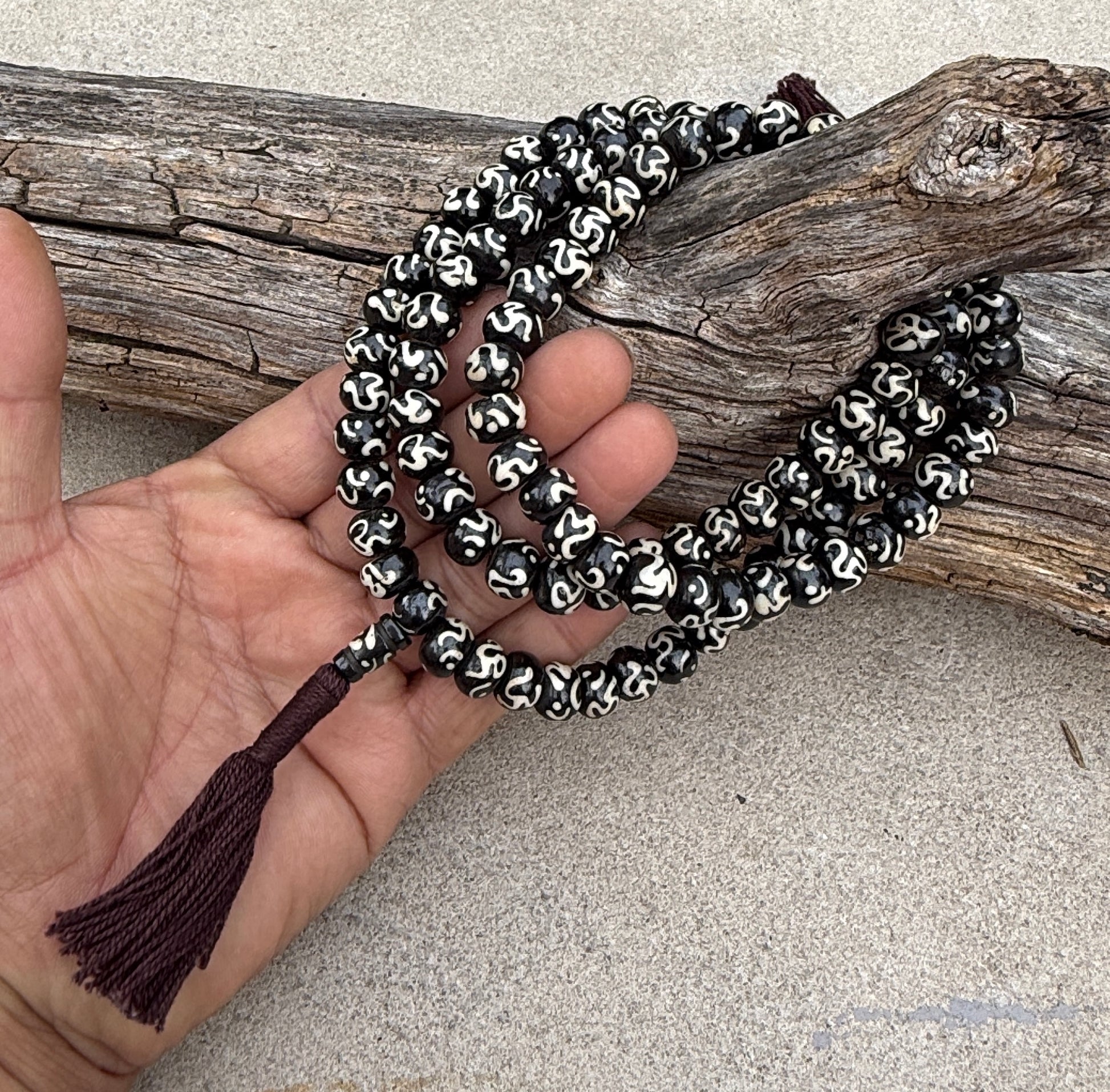 Natural Buffalo Bone Tibetan Om 108 Beads Prayer Mala - DharmaObjects