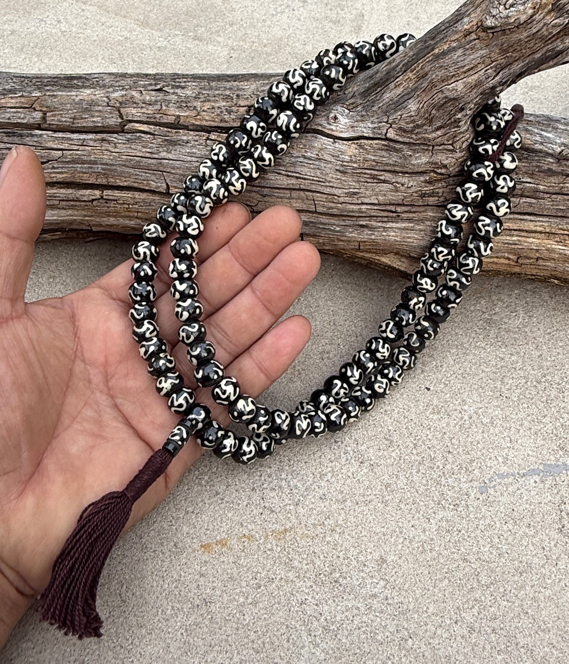 Natural Buffalo Bone Tibetan Om 108 Beads Prayer Mala - DharmaObjects