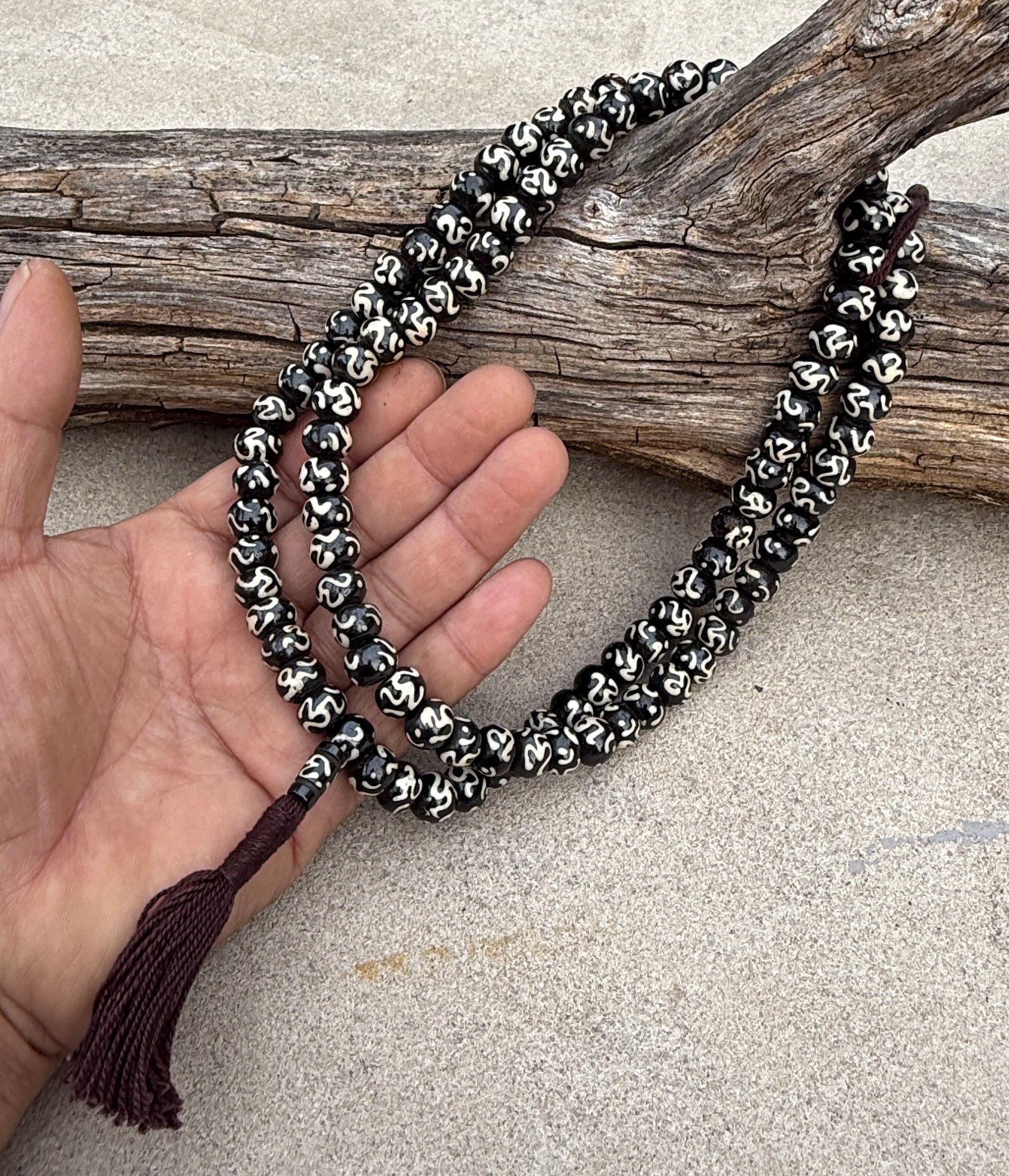 Natural Buffalo Bone Tibetan Om 108 Beads Prayer Mala - DharmaObjects