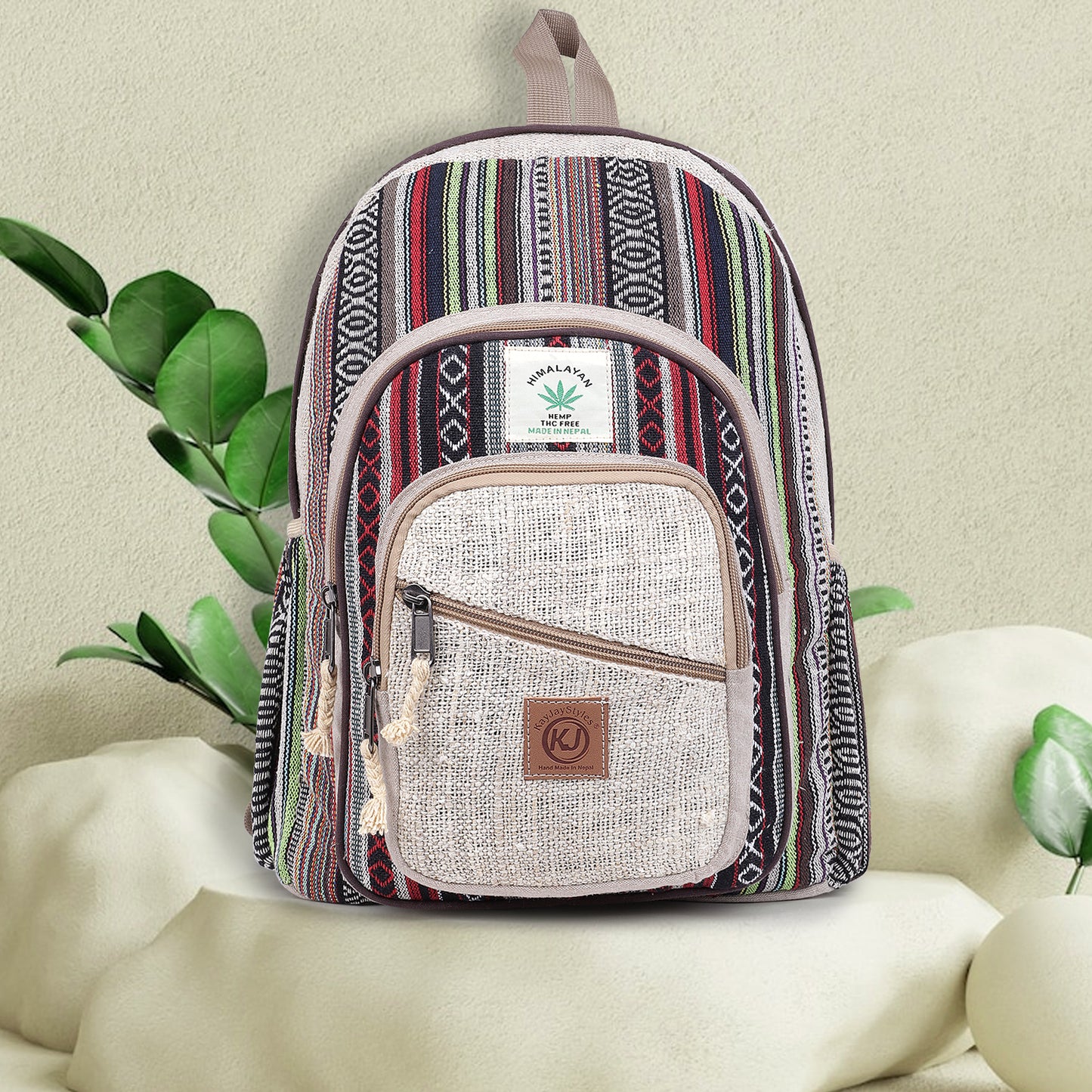 KayJayStyles Natural Handmade Large Multi Pocket Hemp Nepal Backpack