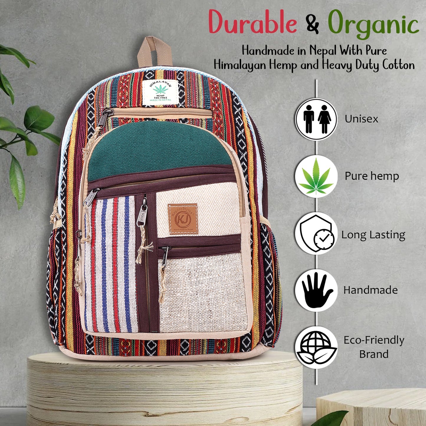 KayJayStyles Natural Handmade Large Multi Pocket Hemp Nepal Backpack (BKPK-7)