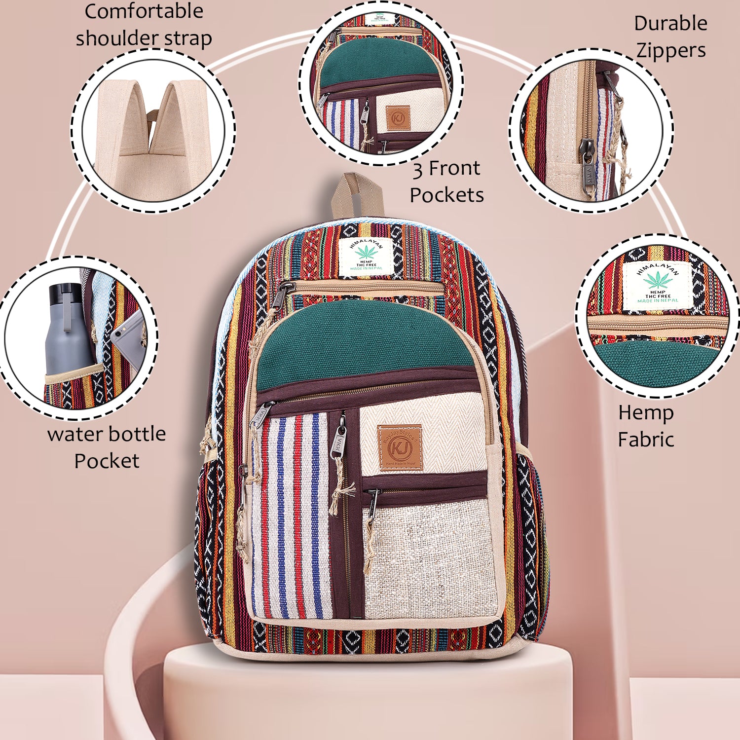 KayJayStyles Green Patch Handmade Hemp Backpack from Nepal – Mini, Daypack & Large Sizes - DharmaObjects