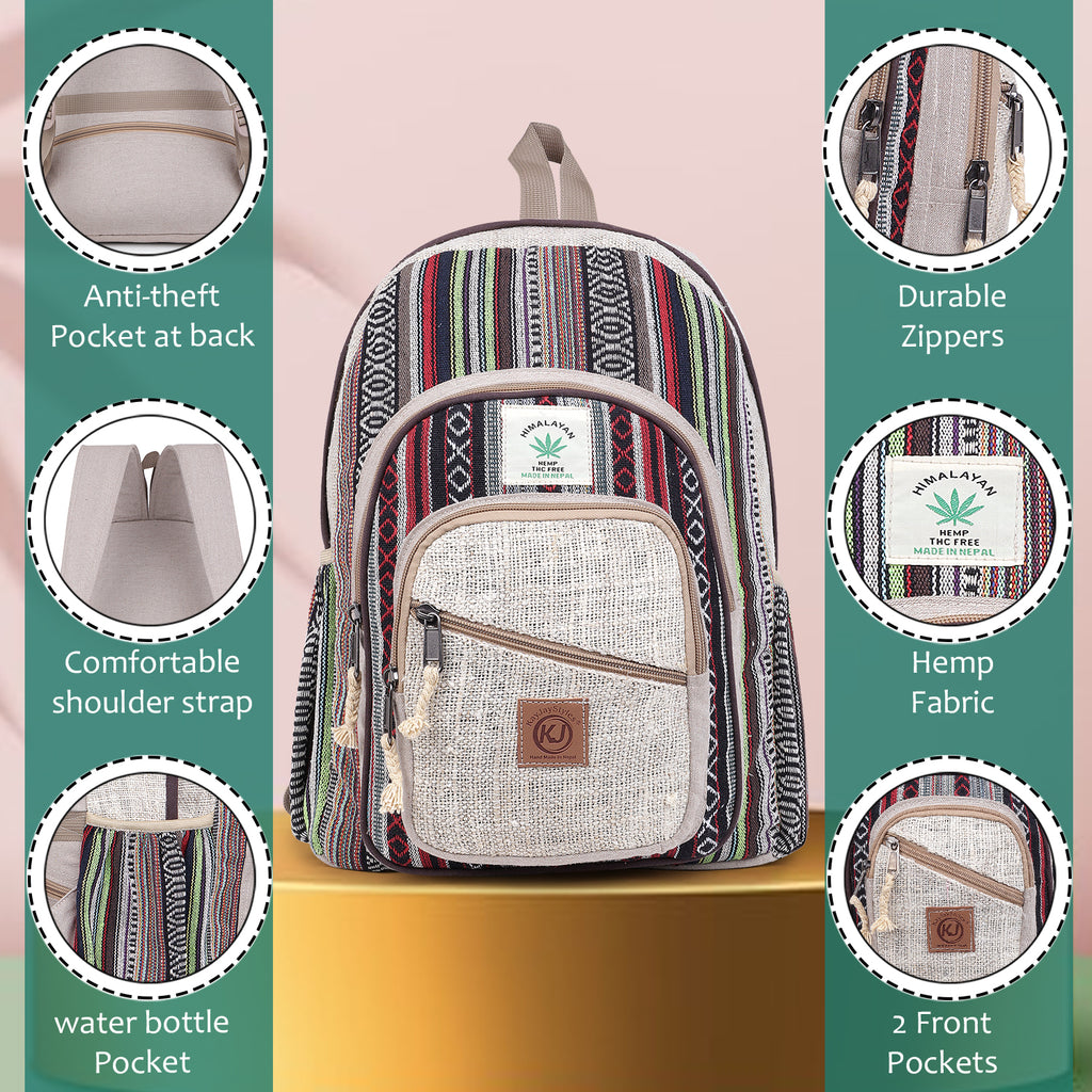 KayJayStyles Natural Handmade Large Multi Pocket Hemp Nepal Backpack - DharmaObjects