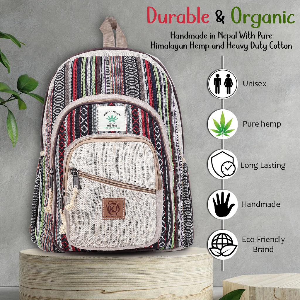 KayJayStyles Natural Handmade Large Multi Pocket Hemp Nepal Backpack - DharmaObjects