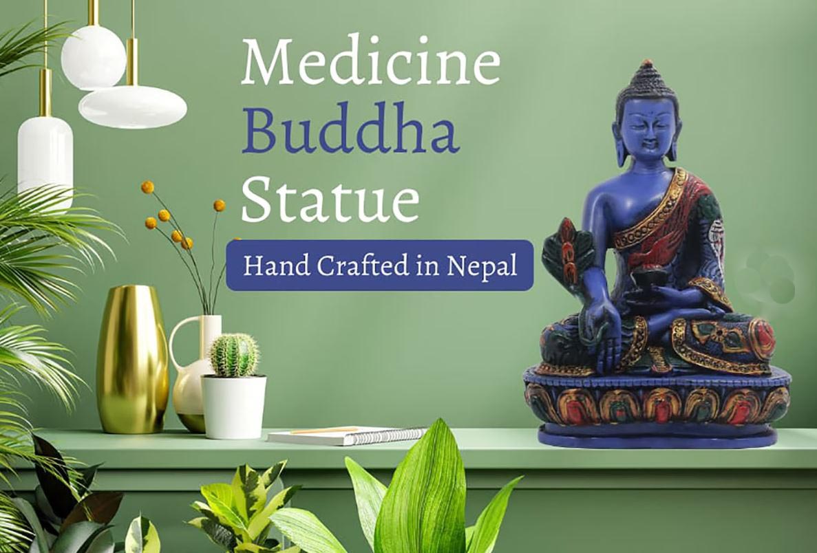 Tibetan Healing Medicine Buddha Statue Hand Painted Nepal 5” Tall - DharmaObjects