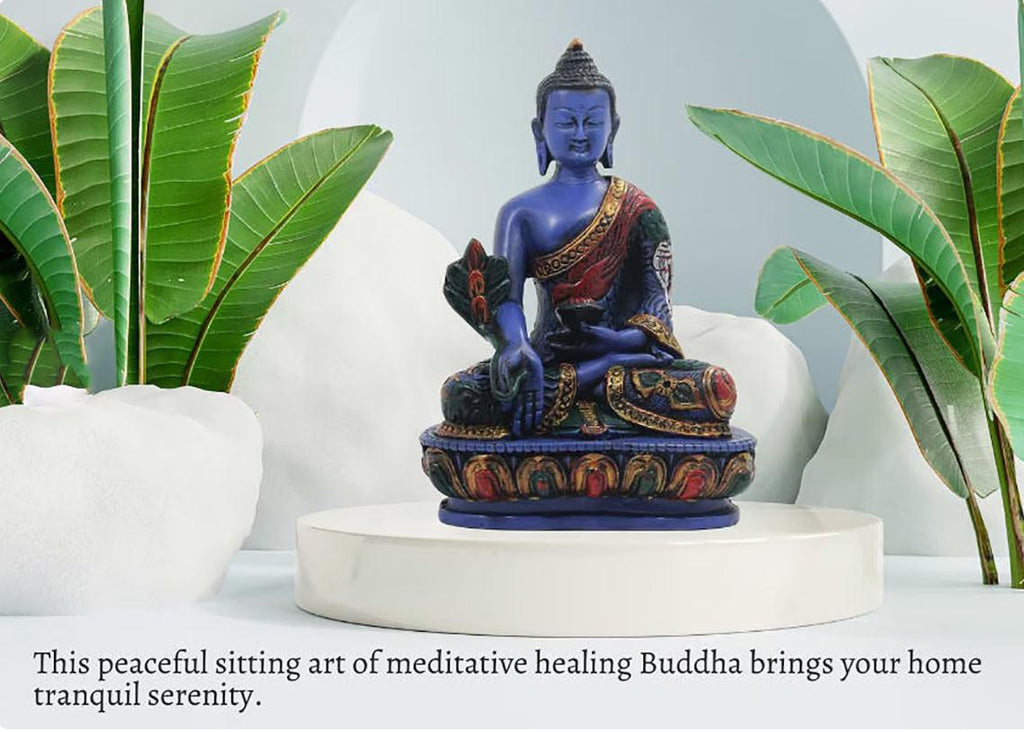 Tibetan Healing Medicine Buddha Statue Hand Painted Nepal 5” Tall - DharmaObjects