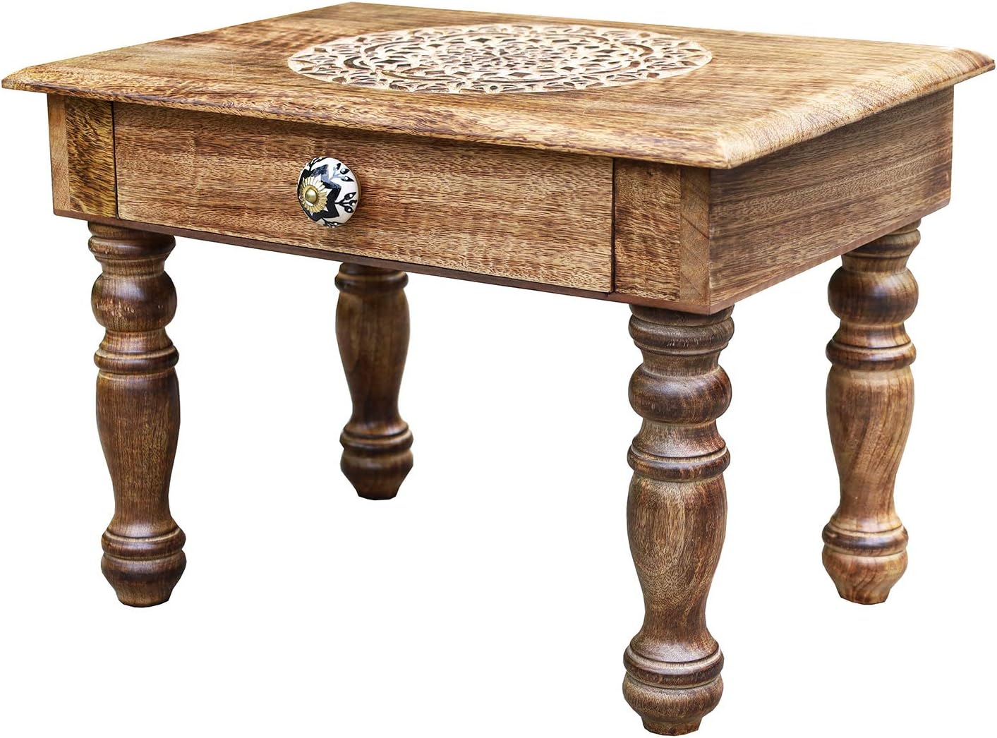 Large Hand Carved Solid Wooden Meditation Altar Table (Lotus Mandala)