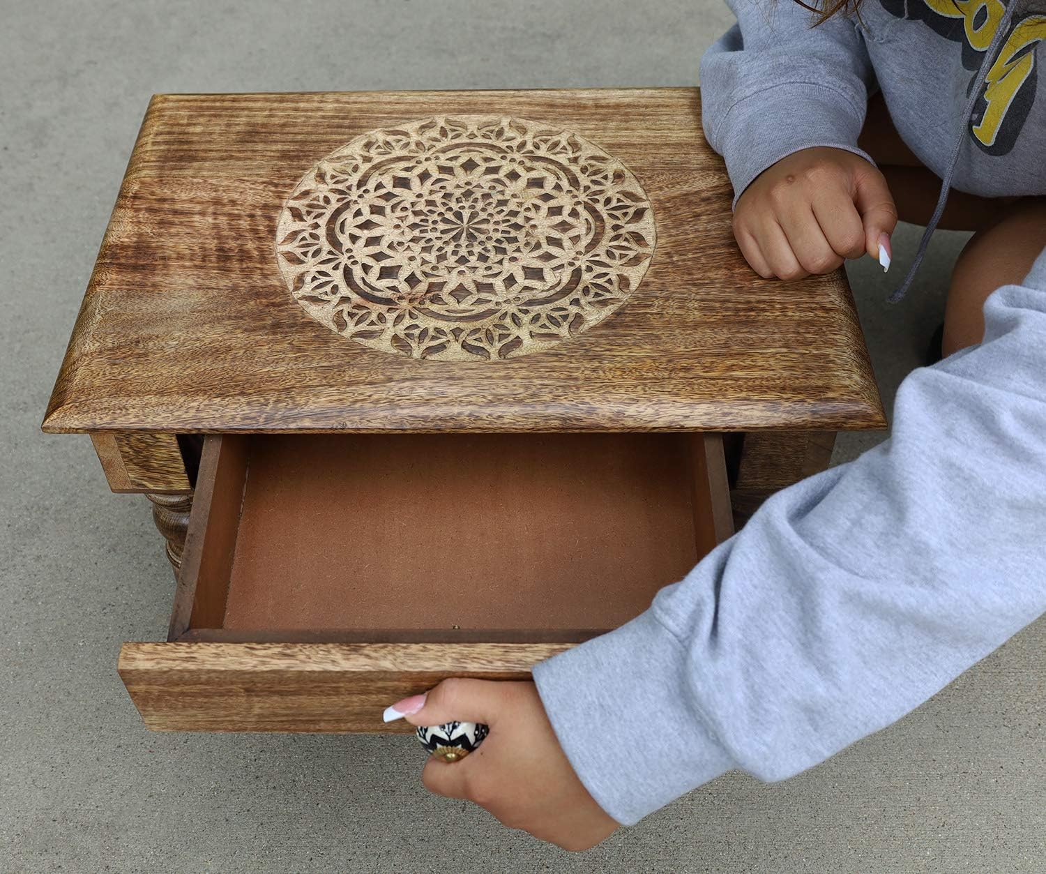 Large Hand Carved Solid Wooden Meditation Altar Table (Lotus Mandala) - DharmaObjects