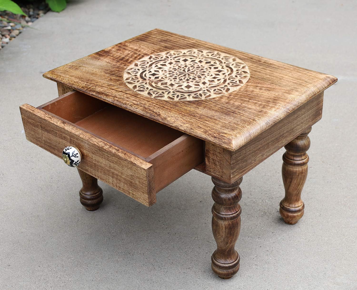 Large Hand Carved Solid Wooden Meditation Altar Table (Lotus Mandala) - DharmaObjects
