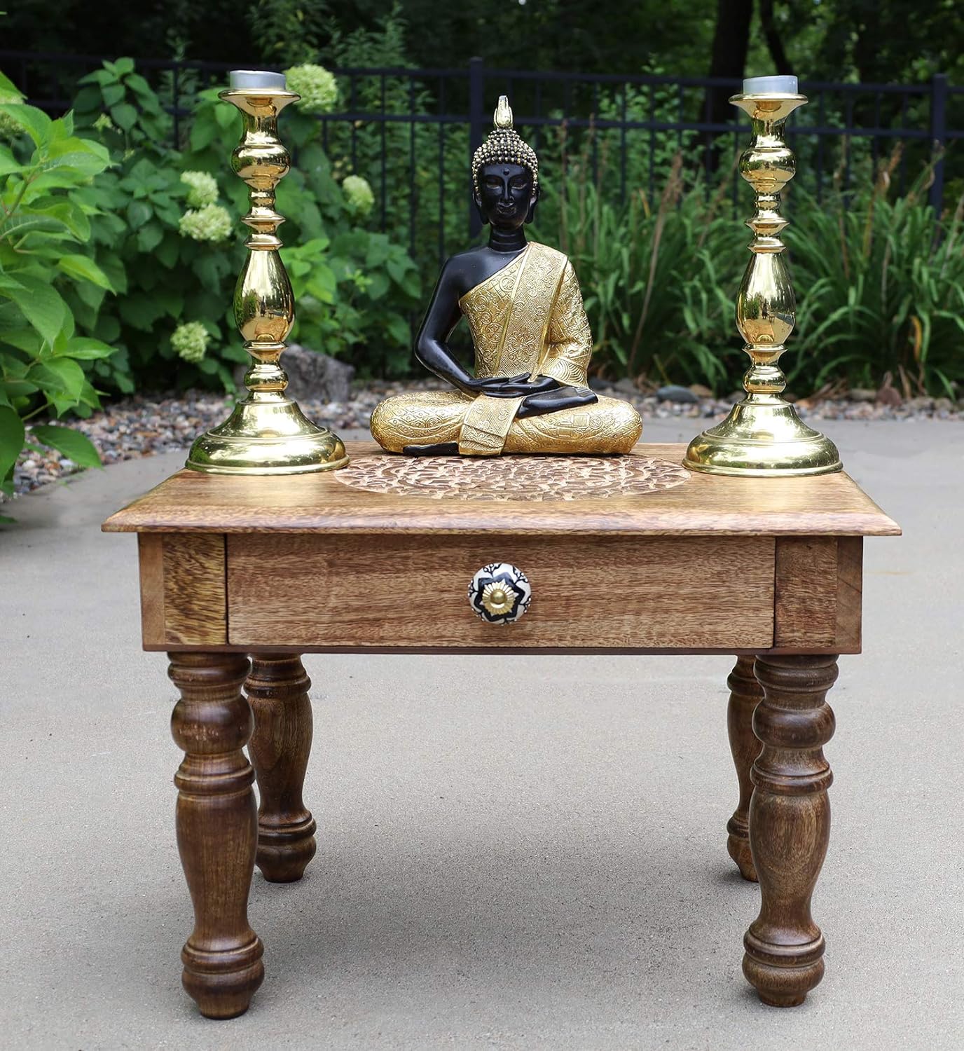 Large Hand Carved Solid Wooden Meditation Altar Table (Lotus Mandala) - DharmaObjects
