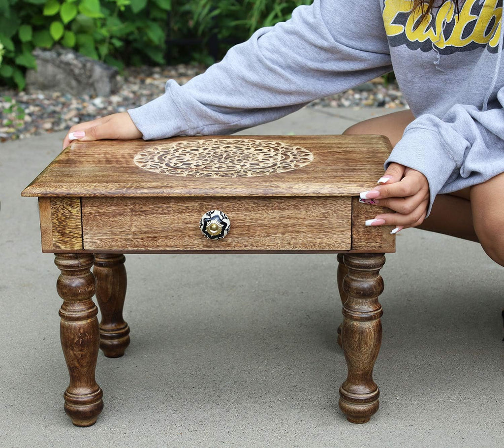 Large Hand Carved Solid Wooden Meditation Altar Table (Lotus Mandala) - DharmaObjects