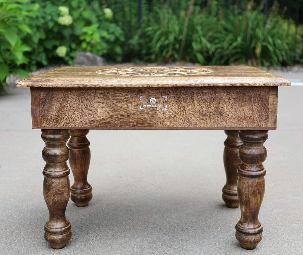 Large Hand Carved Solid Wooden Meditation Altar Table (Lotus Mandala) - DharmaObjects