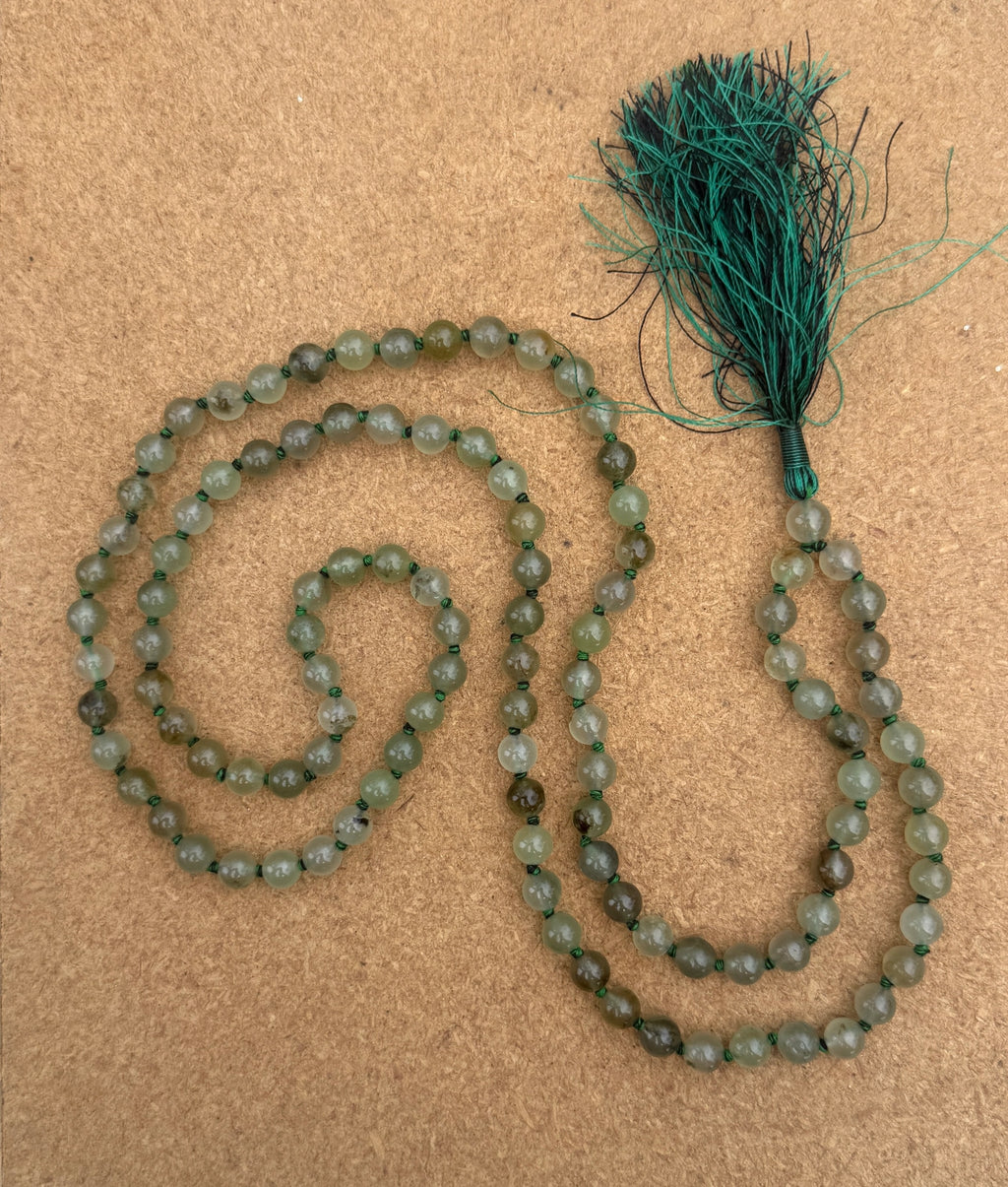 Prehnite 108 Bead Mala Necklace • Hand-Knotted Gemstone Prayer Beads • Yoga Jewelry • Spiritual Healing Meditation Necklace - DharmaObjects