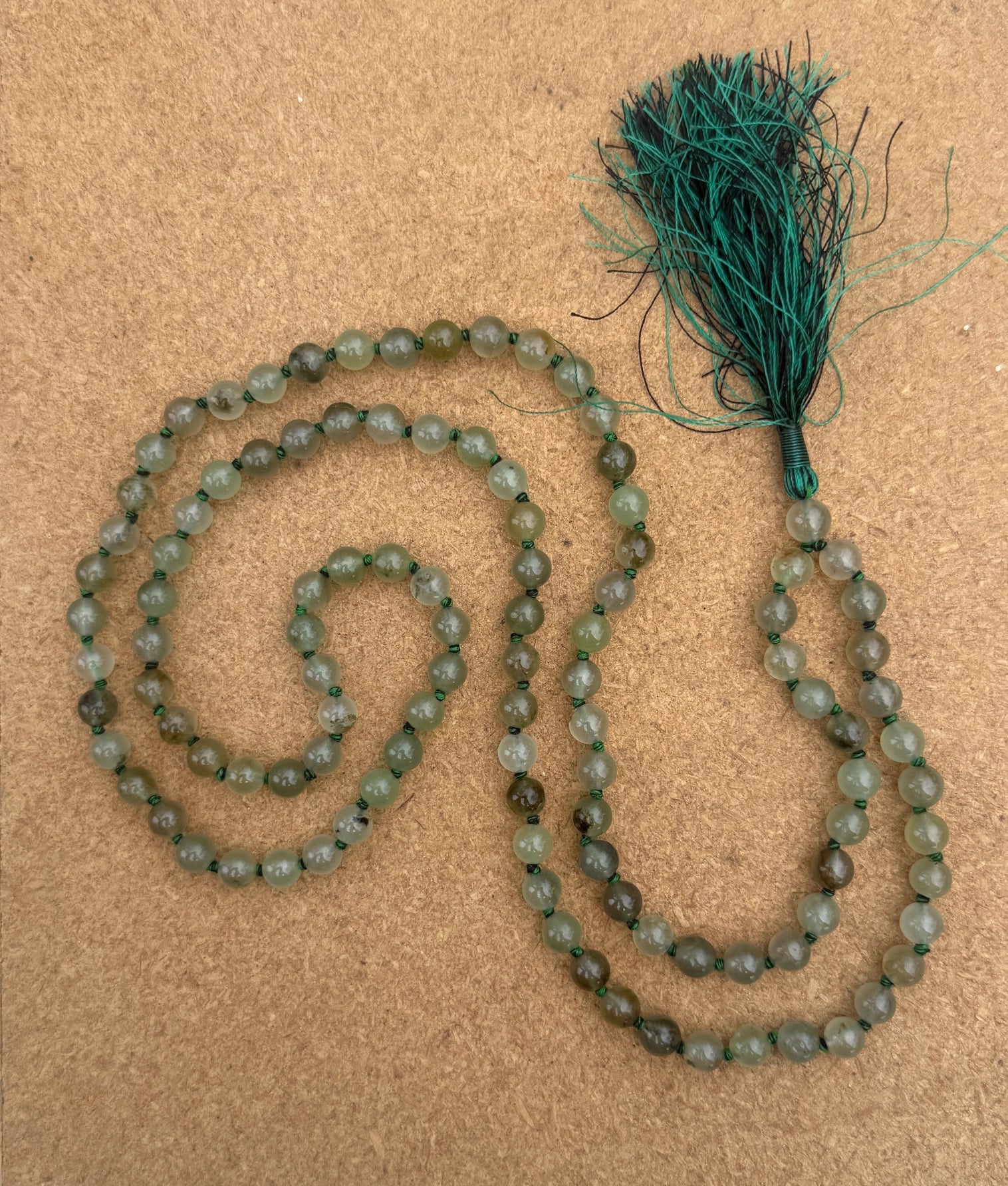 Prehnite 108 Bead Mala Necklace • Hand-Knotted Gemstone Prayer Beads • Yoga Jewelry • Spiritual Healing Meditation Necklace - DharmaObjects