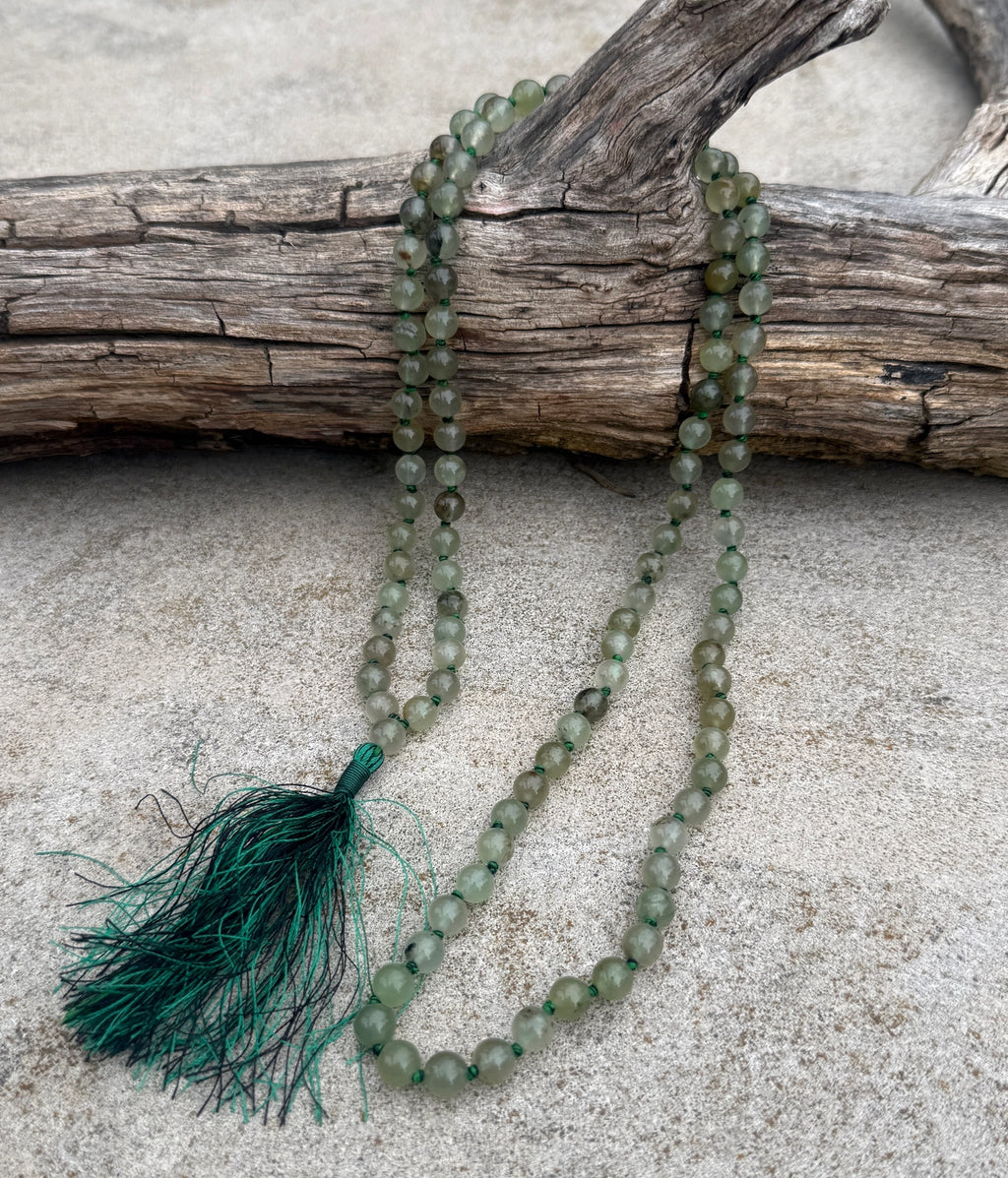 Prehnite 108 Bead Mala Necklace • Hand-Knotted Gemstone Prayer Beads • Yoga Jewelry • Spiritual Healing Meditation Necklace - DharmaObjects