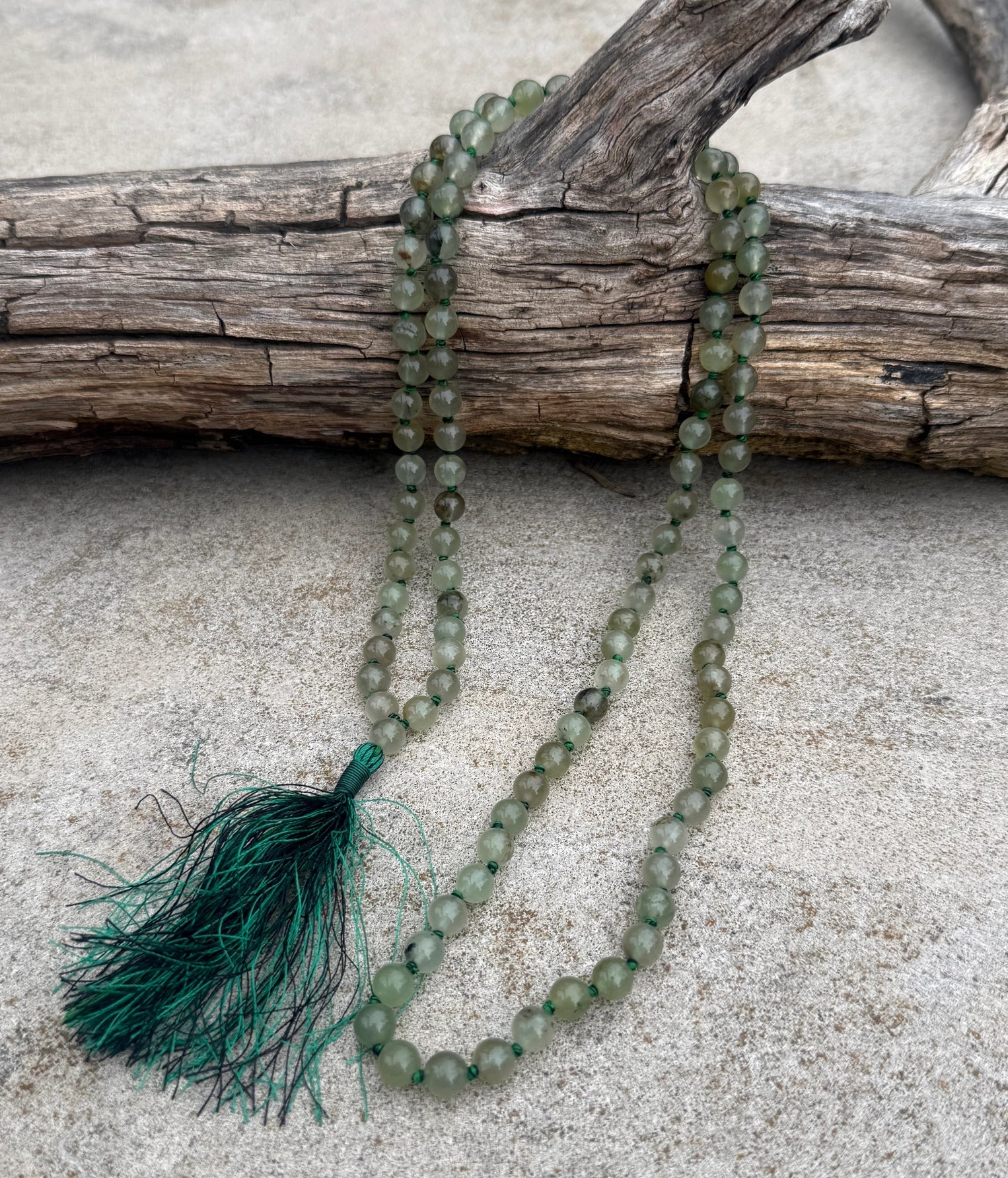 Prehnite 108 Bead Mala Necklace • Hand-Knotted Gemstone Prayer Beads • Yoga Jewelry • Spiritual Healing Meditation Necklace - DharmaObjects