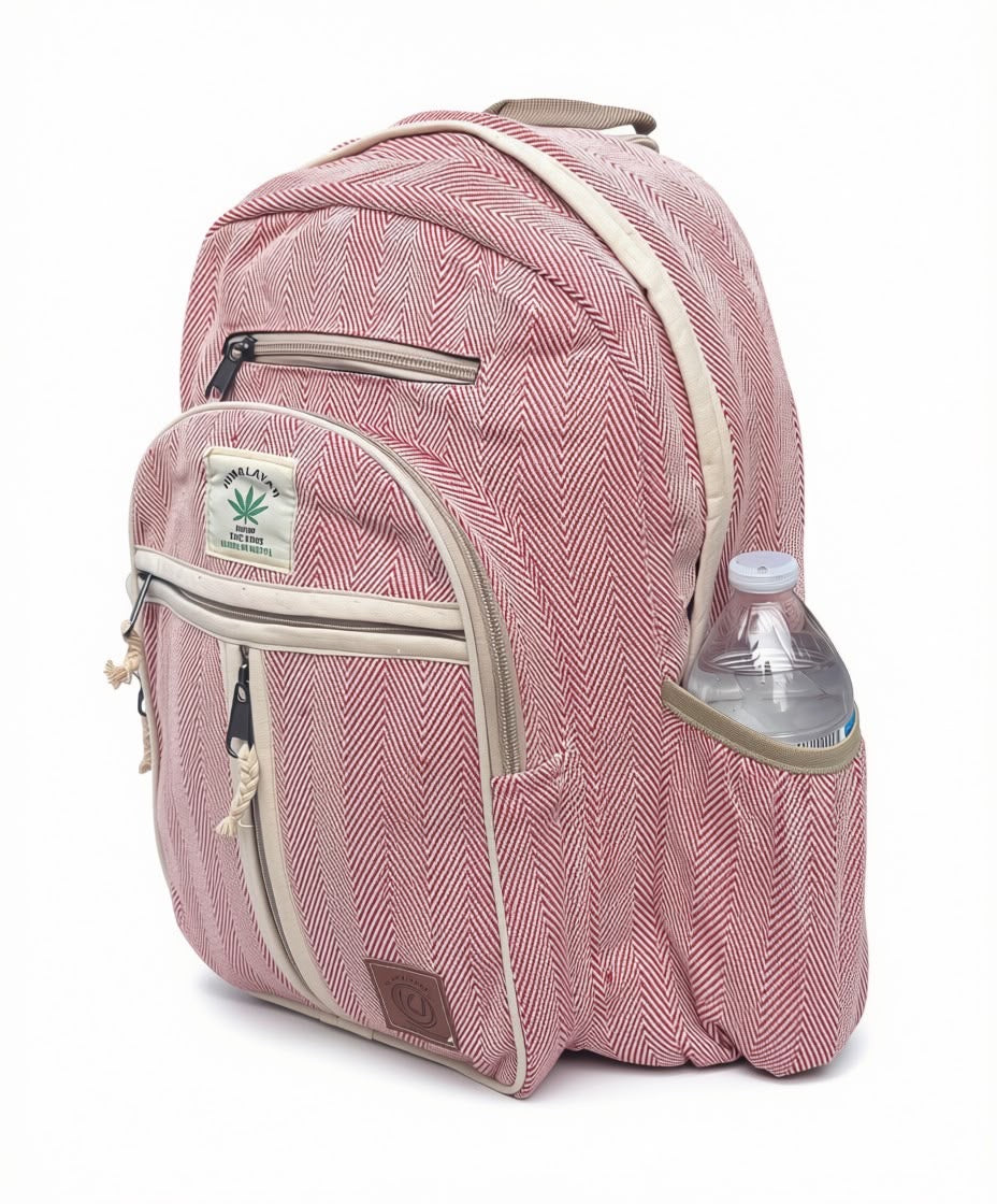 KayJayStyles Red Stripe Hemp Nepal Backpack – Handmade Large Multi-Pocket Bag