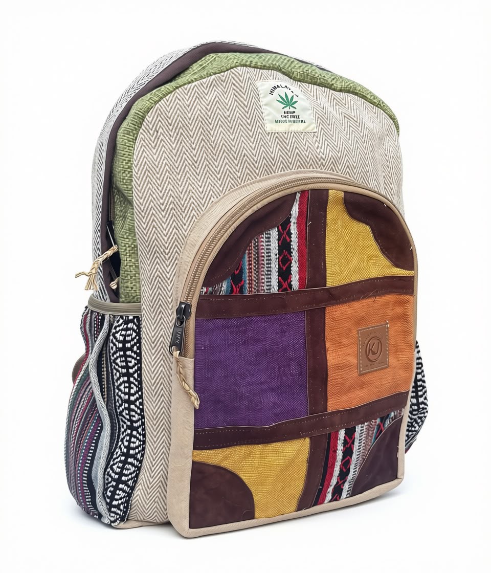 KayJayStyles Multi-Patch Hemp Nepal Backpack – Handmade Large Multi-Pocket Bag