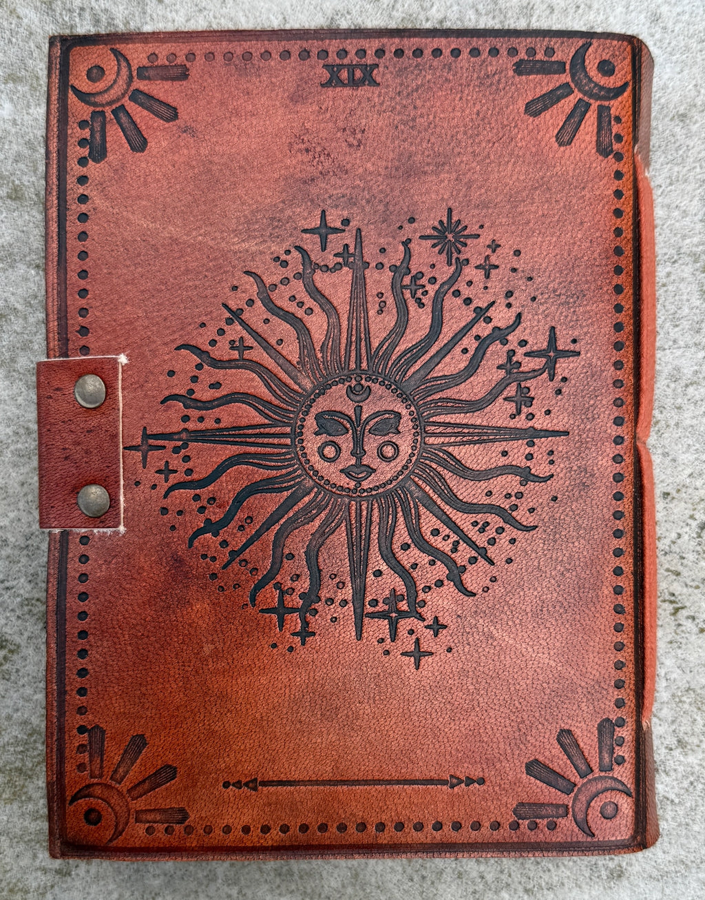Handmade Celestial Sun Embossed Leather Journal