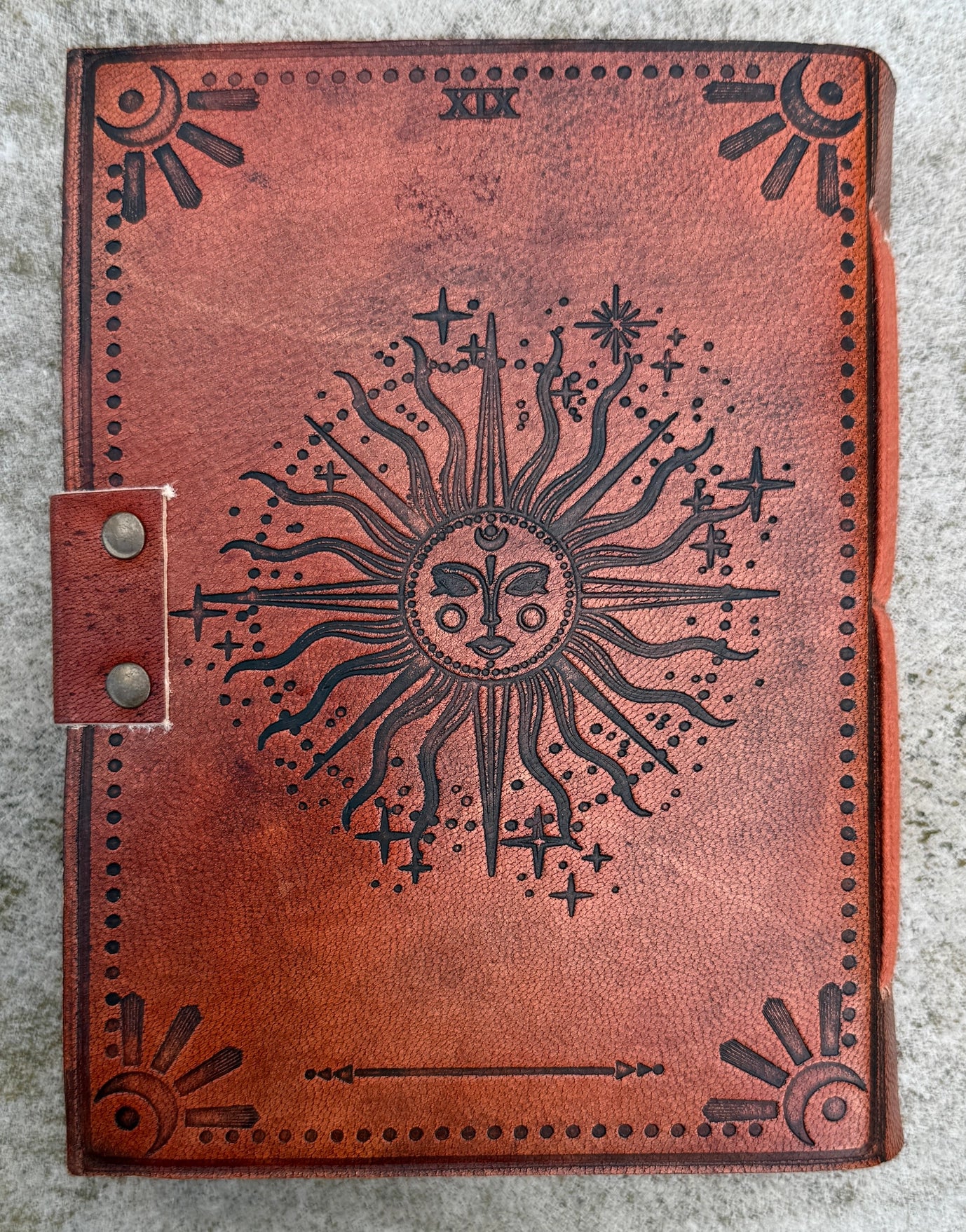Handmade Celestial Sun Embossed Leather Journal