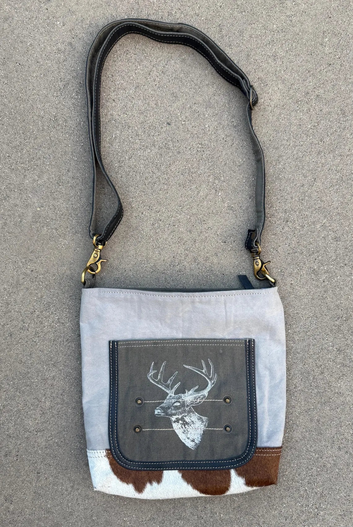 Upcycled Military Tent And Cowhide Crossbody Bag - DharmaObjects