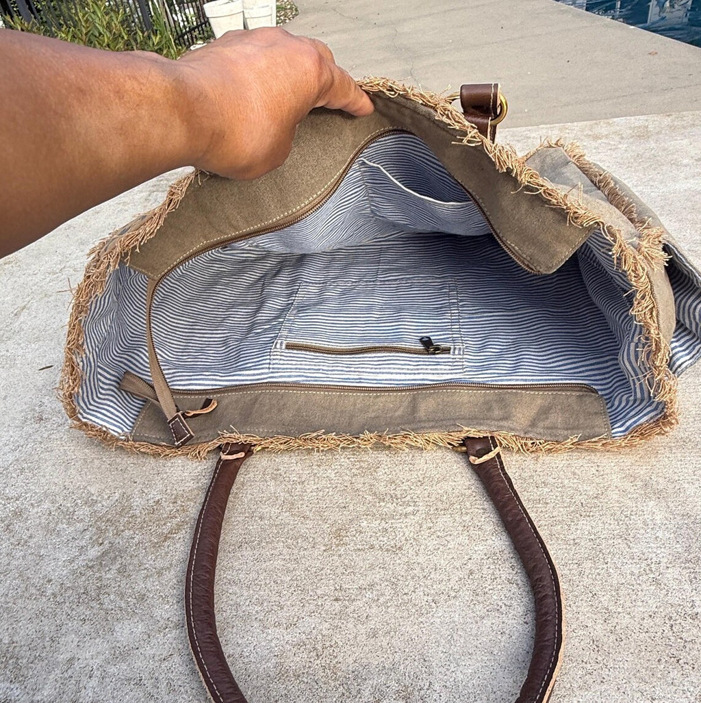 Recycled Military Tent Tote: Large Eco-Friendly Market Bag with Leather Accents - DharmaObjects