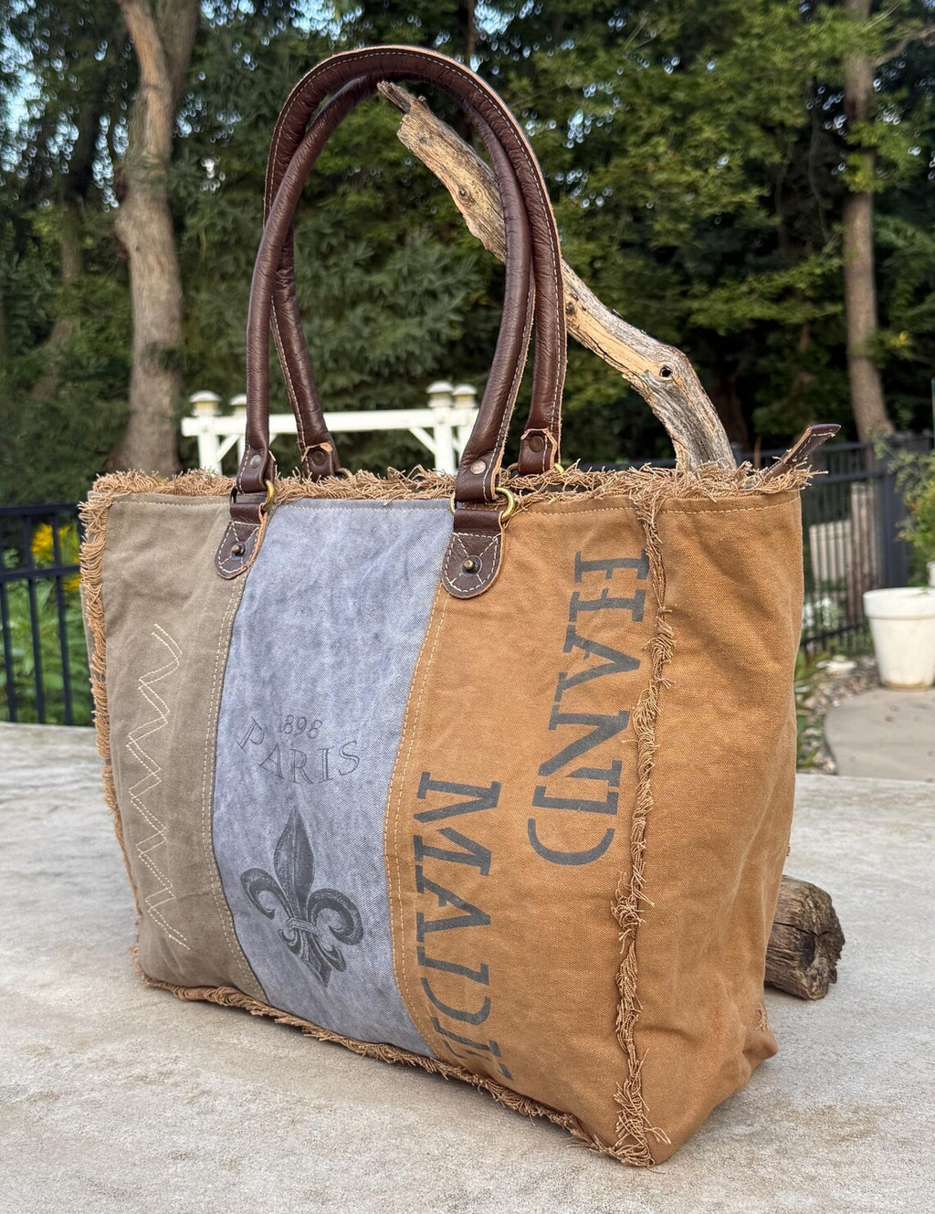 Recycled Military Tent Tote: Large Eco-Friendly Market Bag with Leather Accents - DharmaObjects
