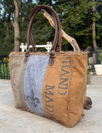 Recycled Military Tent Tote: Large Eco-Friendly Market Bag with Leather Accents - DharmaObjects