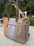 Recycled Military Tent Tote: Large Eco-Friendly Market Bag with Leather Accents - DharmaObjects
