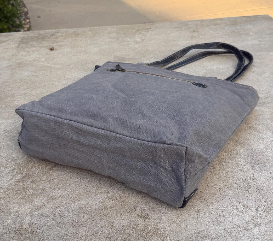Recycled Military Tent Tote – Large Canvas Market Bag with Leather Straps - DharmaObjects