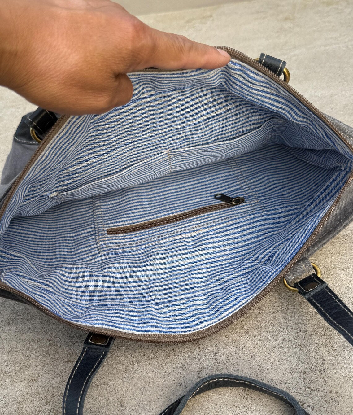 Recycled Military Tent Tote – Large Canvas Market Bag with Leather Straps - DharmaObjects