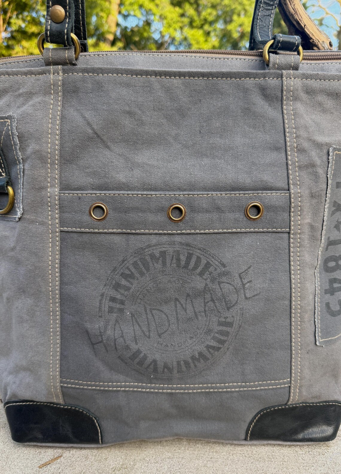 Recycled Military Tent Tote – Large Canvas Market Bag with Leather Straps - DharmaObjects