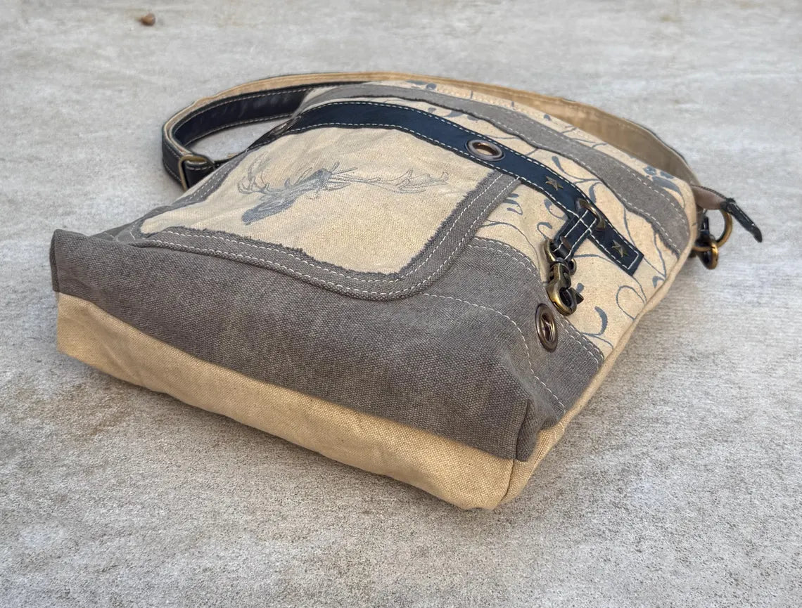 Repurposed Military Tent Crossbody Bag: Leather Trim & Brass Hardware - DharmaObjects
