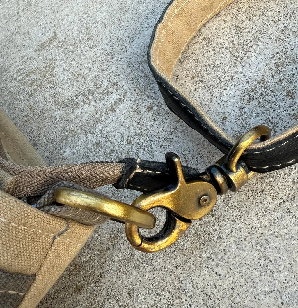 Repurposed Military Tent Crossbody Bag: Leather Trim & Brass Hardware - DharmaObjects