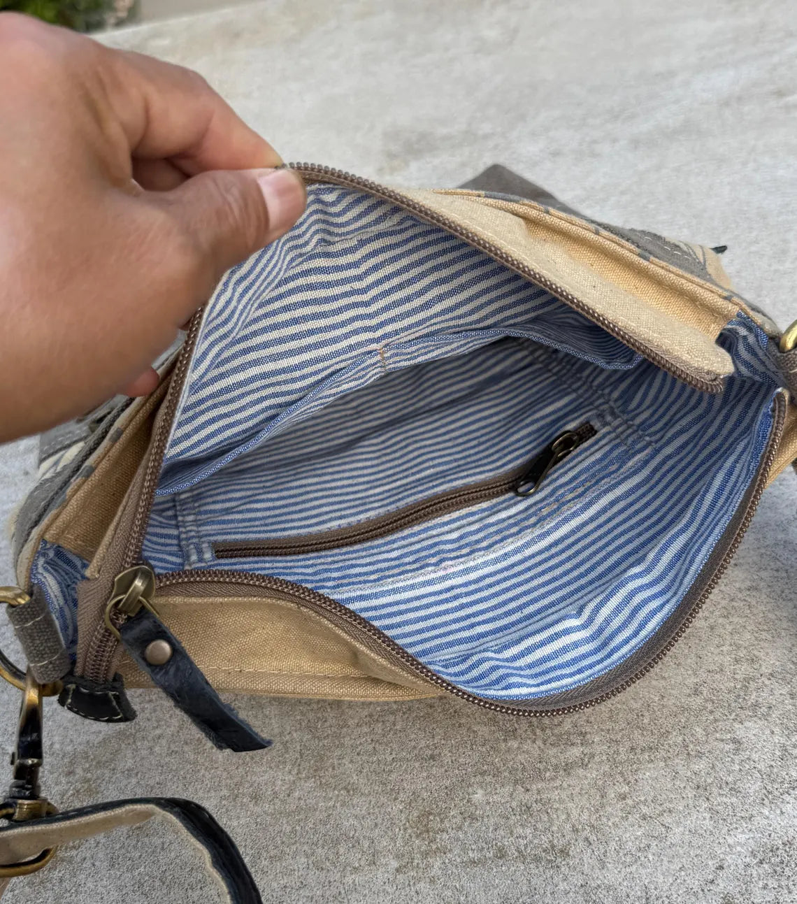 Repurposed Military Tent Crossbody Bag: Leather Trim & Brass Hardware - DharmaObjects