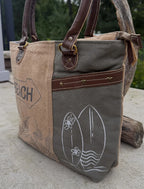 Sustainable Canvas Shoulder Beach Bag – Upcycled Military Tent with Brass Hardware and Genuine Leather handle - DharmaObjects