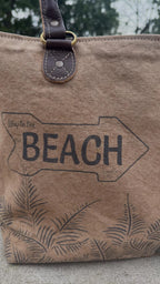 Sustainable Canvas Shoulder Beach Bag – Upcycled Military Tent with Brass Hardware and Genuine Leather handle - DharmaObjects