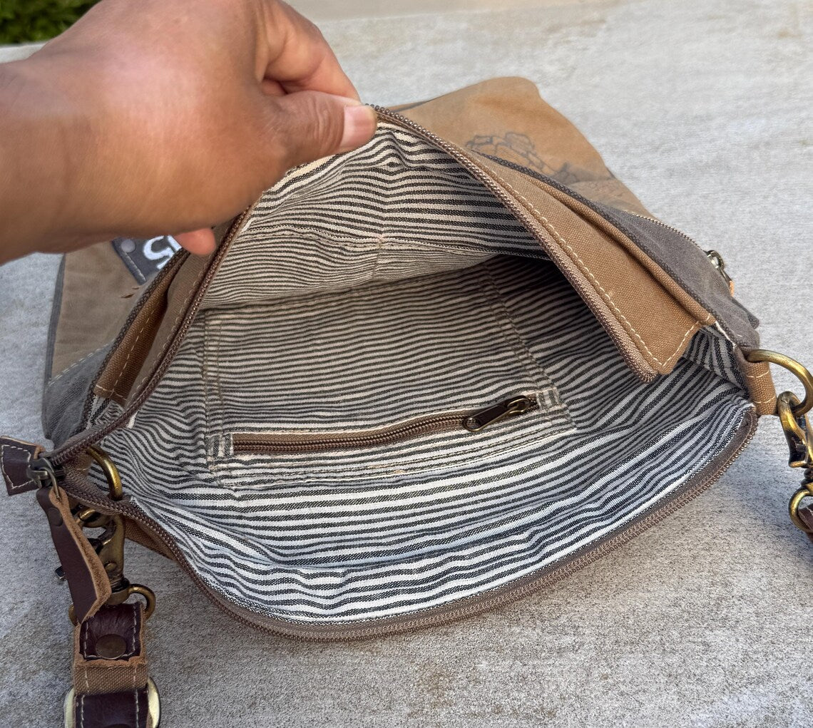 Upcycled Military Canvas Crossbody – Featuring Genuine Leather & Brass Details - DharmaObjects